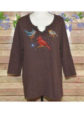 Quacker Factory Brown Top Rhinestone Bling Birds Size XL Cotton Grandma Core